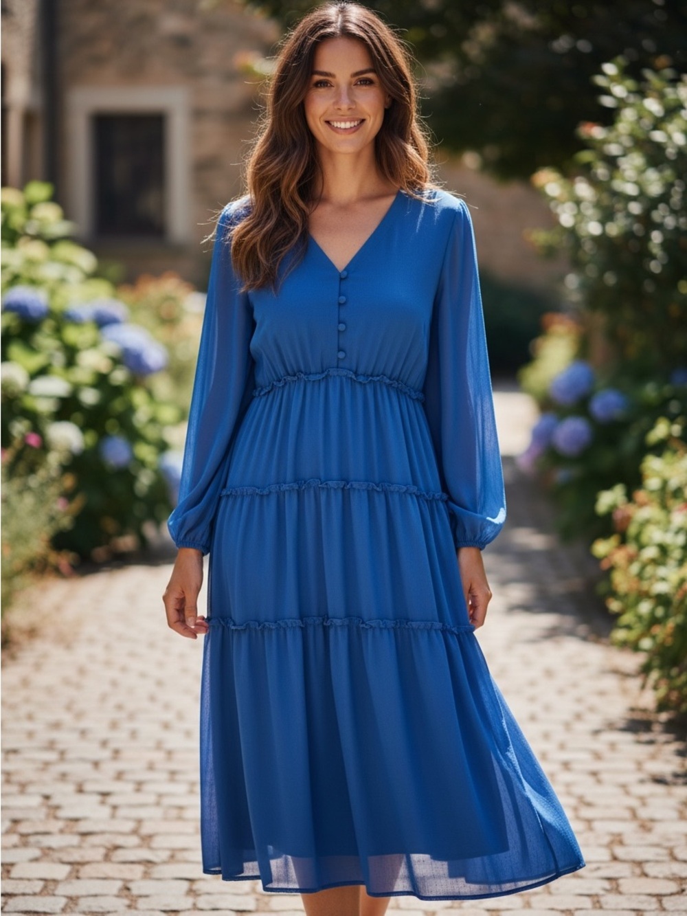 Taylor Blue V-Neck Tiered Maxi Dress